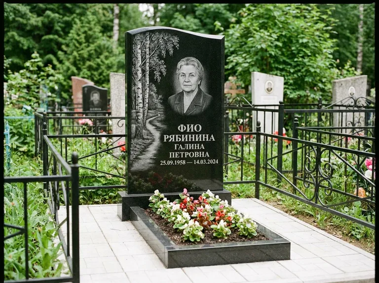 Памятник с гравировкой берёзы — гравировка берёзы у тропинки, уходящей вдаль, работа «Рябинина» в Нижневартовске