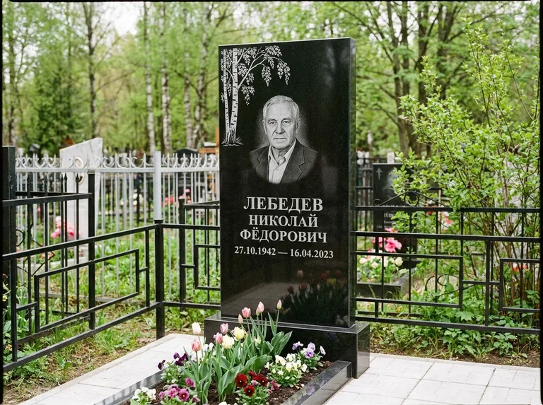 Памятник с гравировкой берёзы — гравировка одинокой берёзы над именем, работа «Лебедев» в Нижневартовске