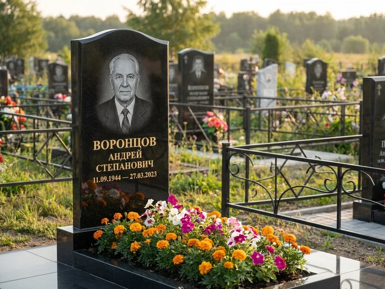 Гравировка фото на памятнике в Нижневартовске — готовый гравированный портрет на чёрном граните