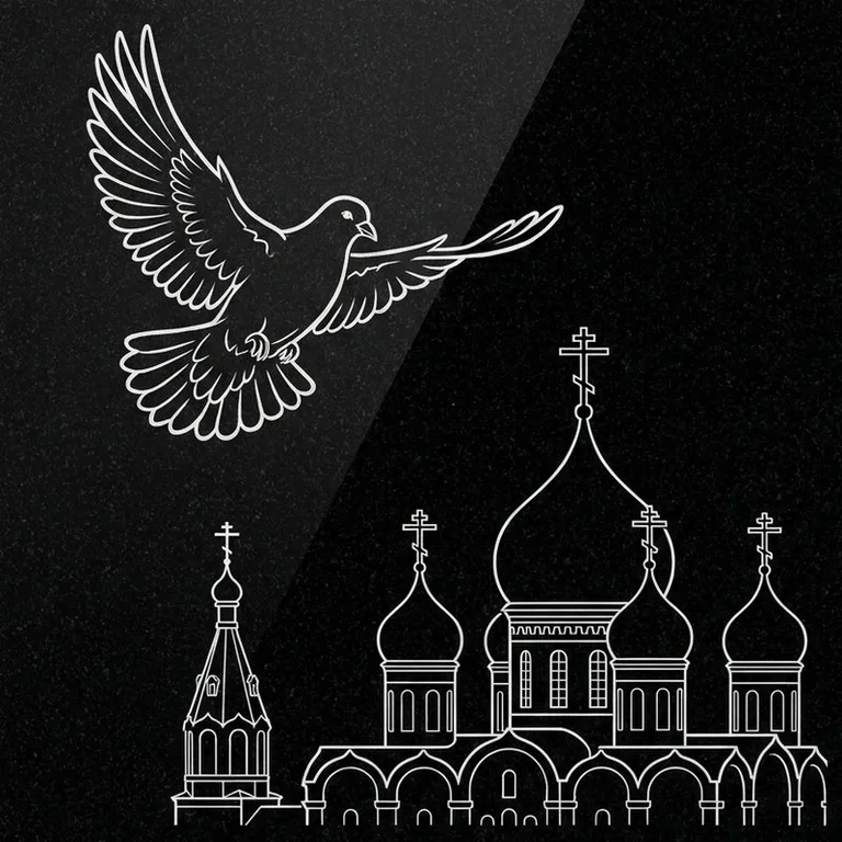Эскиз гравировки голубей на памятник — голубь в небе над храмом в Нижневартовске