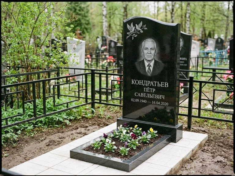 Памятник с гравировкой голубей — гравировка пары голубей на ветке в верхнем углу стелы, работа «Кондратьев» в Нижневартовске