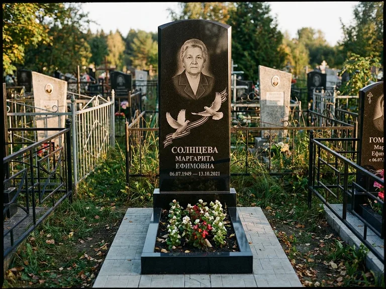 Памятник с гравировкой голубей — гравировка двух летящих голубей с лентой по диагонали стелы, работа «Солнцева» в Нижневартовске