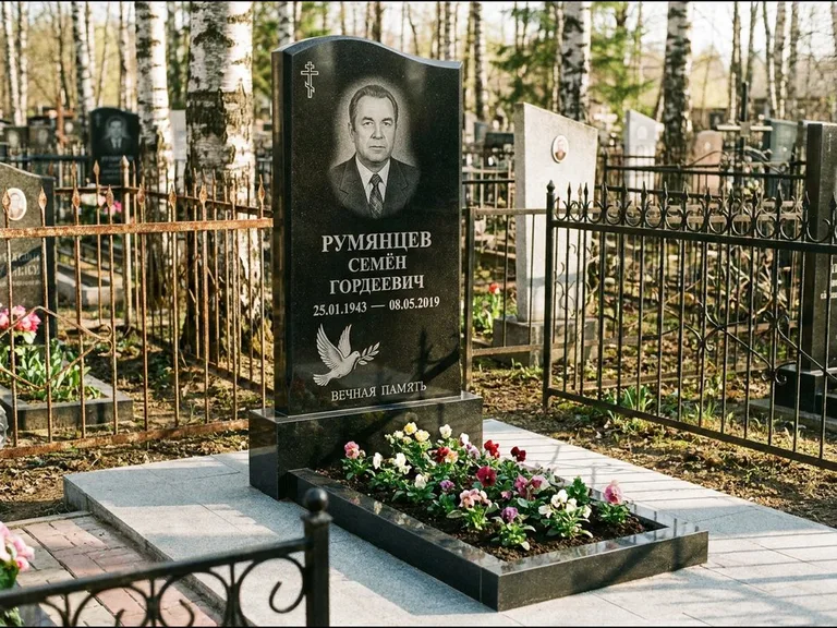 Памятник с гравировкой голубей — гравировка голубя с оливковой ветвью рядом с эпитафией, работа «Румянцев» в Нижневартовске