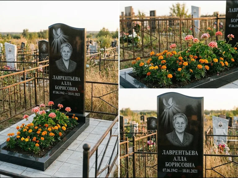 Памятник с гравировкой голубей — гравировка голубя в лучах света над портретом, работа «Лаврентьева» в Нижневартовске
