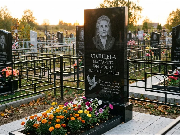 Памятник с гравировкой голубей — гравировка голубя с оливковой ветвью рядом с эпитафией, работа «Солнцева» в Нижневартовске