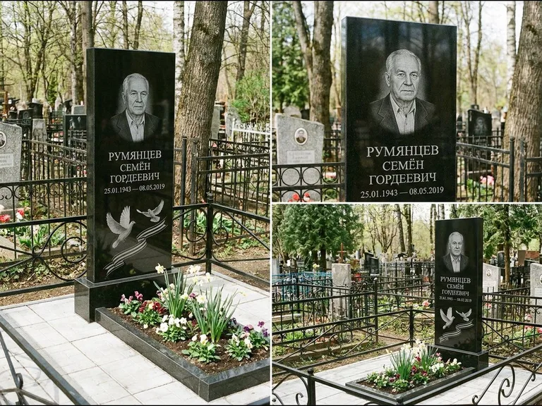 Памятник с гравировкой голубей — гравировка двух летящих голубей с лентой по диагонали стелы, работа «Румянцев» в Нижневартовске