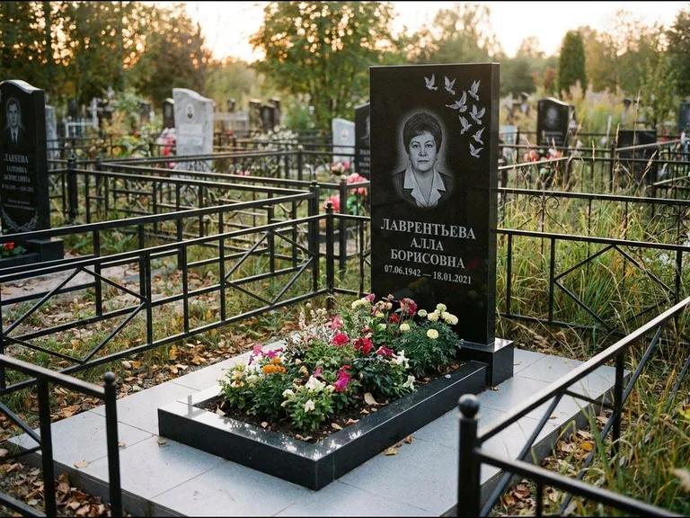 Памятник с гравировкой голубей — гравировка стаи голубей, взлетающей от угла стелы, работа «Лаврентьева» в Нижневартовске