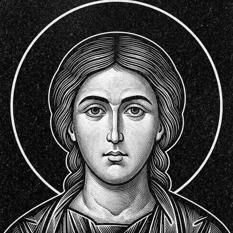Эскиз иконы: Георгий Победоносец — воинам, гравировка на памятник в Нижневартовске