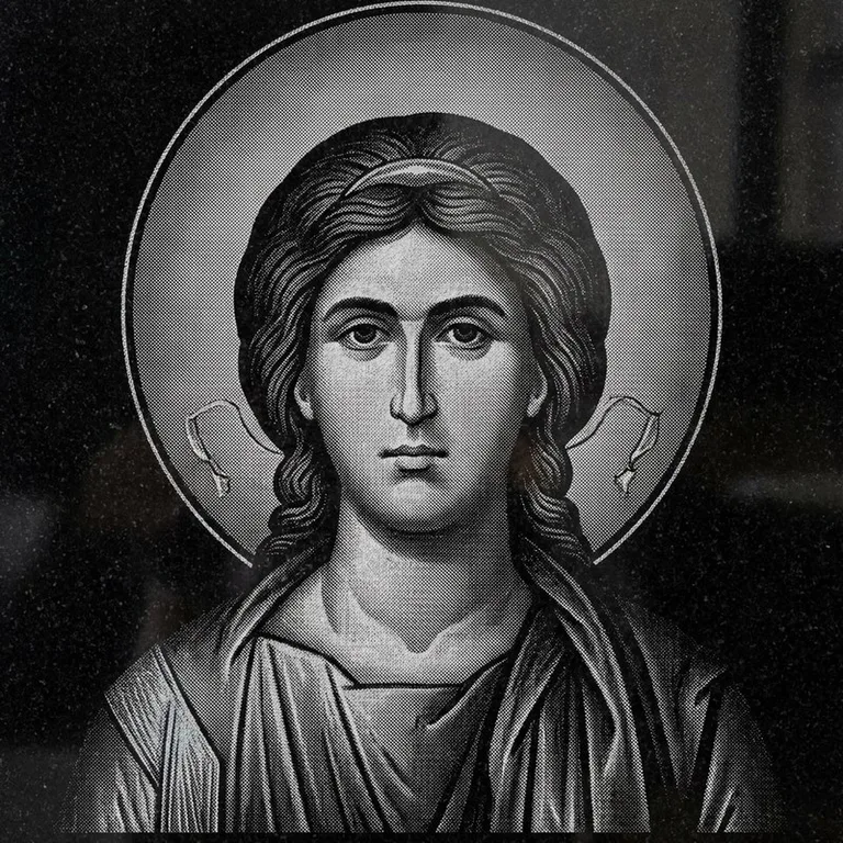 Эскиз иконы: Архангел Михаил (полутон) — образ архангела в полутонах, гравировка на памятник в Нижневартовске