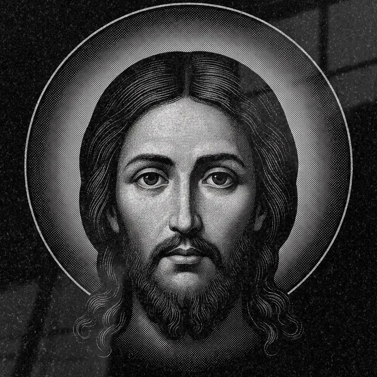 Эскиз иконы: Спас Нерукотворный (полутон) — детальный лик на убрусе, гравировка на памятник в Нижневартовске