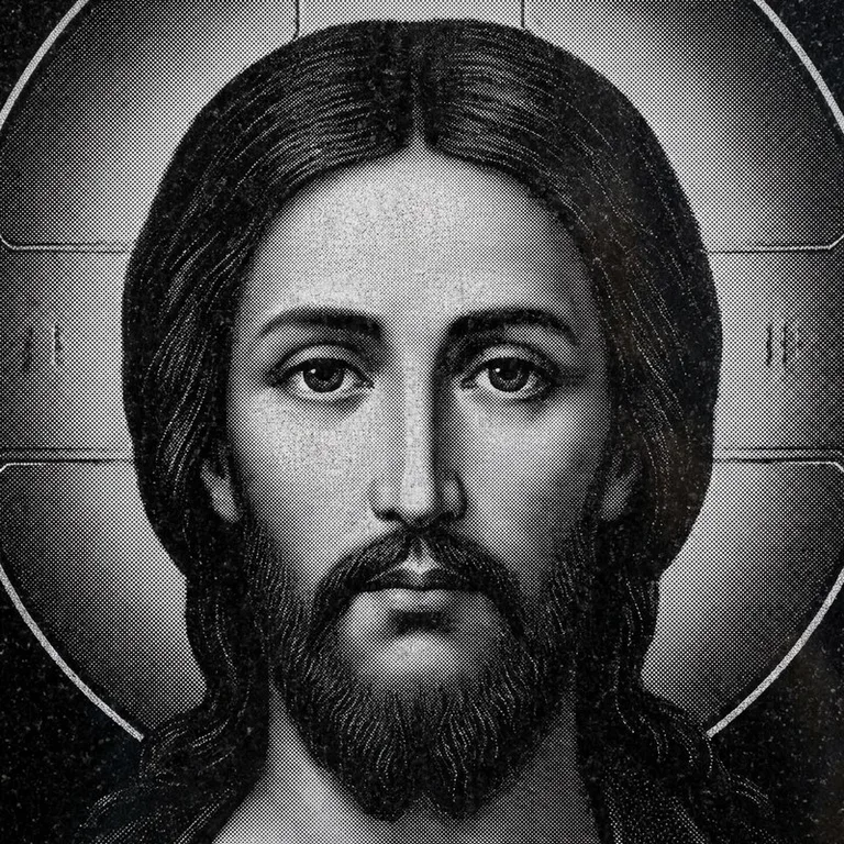 Эскиз иконы: Спас Вседержитель (полутон) — объёмный лик, светотень, гравировка на памятник в Нижневартовске