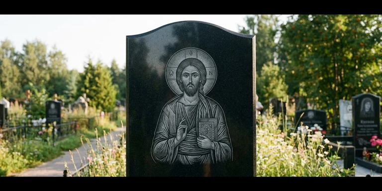 Иконы для гравировки на памятник в Нижневартовске — образ на стеле из чёрного гранита с ручной доводкой лика