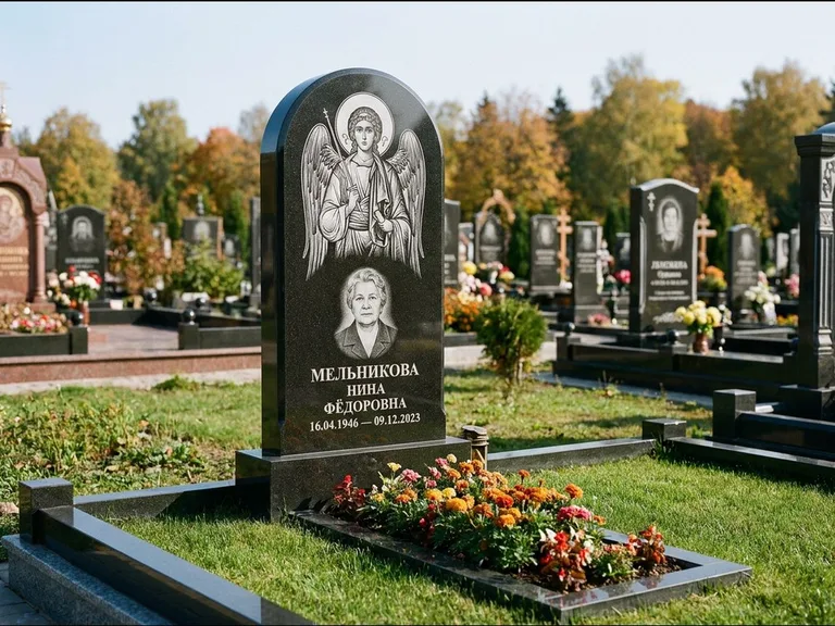 Памятник с гравировкой иконы — икона над портретом усопшего, работа «Журавлёв» в Нижневартовске