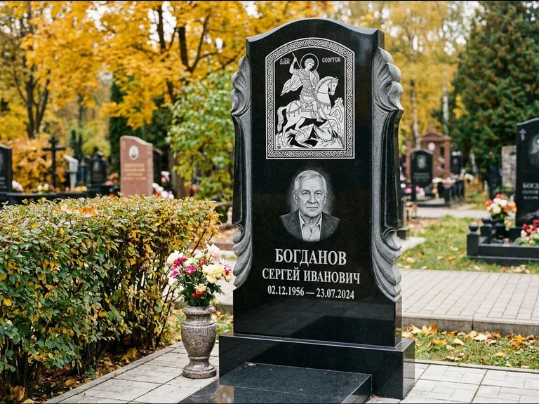 Памятник с гравировкой иконы — икона Спаса Вседержителя над именем усопшего, работа «Лебедева» в Нижневартовске