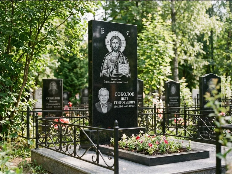 Памятник с гравировкой иконы — икона Спаса Вседержителя над именем усопшего, работа «Воронцова» в Нижневартовске