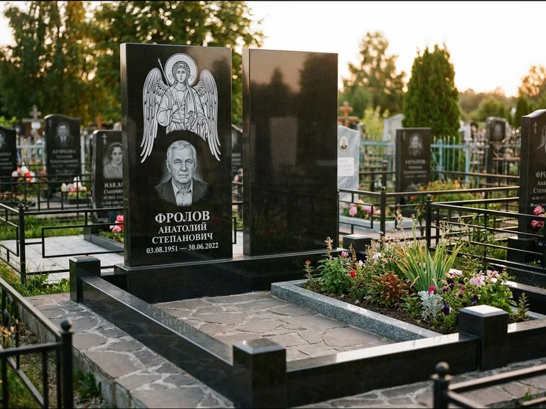 Памятник с гравировкой иконы: стела с резной рамкой вокруг иконы — Архангел Михаил на стеле, белая мраморная крошка с бордюром, работа «Богданова» в Нижневартовске