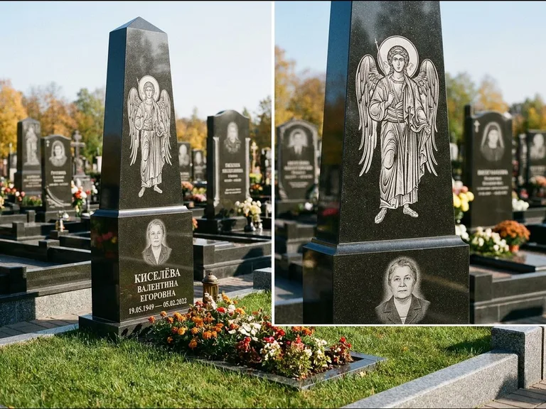 Памятник с гравировкой иконы: асимметричная скошенная стела — гравировка образа Спасителя, живая изгородь из кустарника, работа «Третьяков» в Нижневартовске