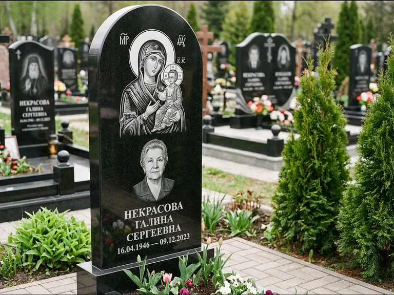 Памятник с гравировкой иконы: фигурная стела с киот-нишей под икону — икона в резной рамке-киоте, светлая гравийная отсыпка, работа «Журавлёв» в Нижневартовске