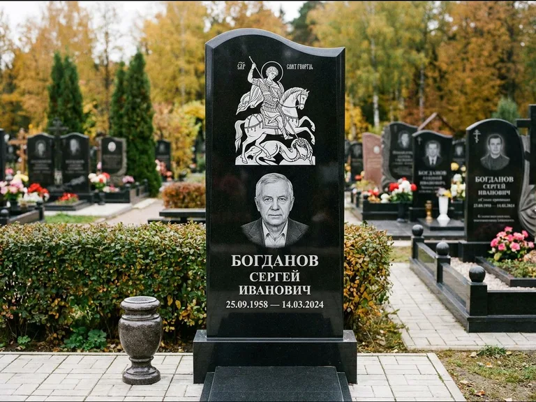 Памятник с гравировкой иконы: монументальный семейный мемориал из двух стел на общем цоколе — гравировка Николая Чудотворца, мощёная гранитная площадка без ограды, работа «Раевская» в Нижневартовске