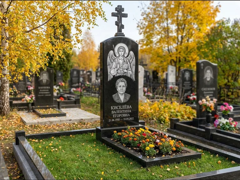 Памятник с гравировкой иконы — образ в полный рост на обороте стелы, работа «Гущин» в Нижневартовске