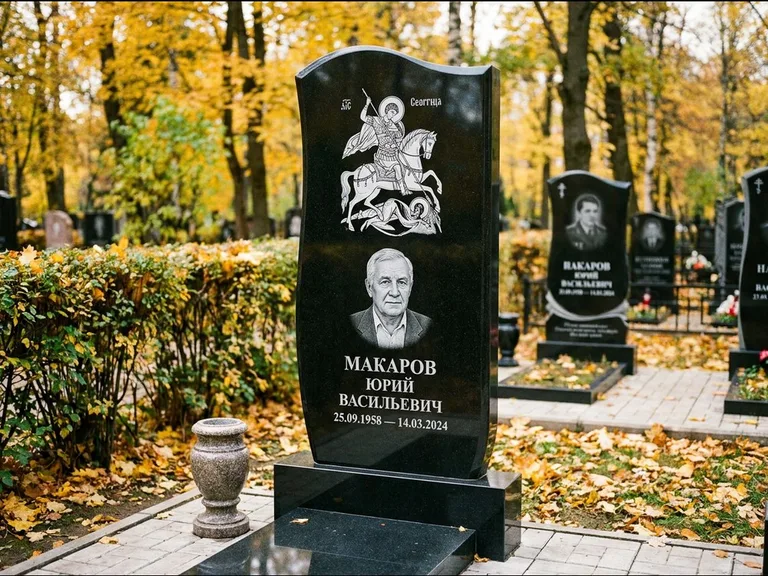 Памятник с гравировкой иконы — икона над портретом усопшего, работа «Раевская» в Нижневартовске