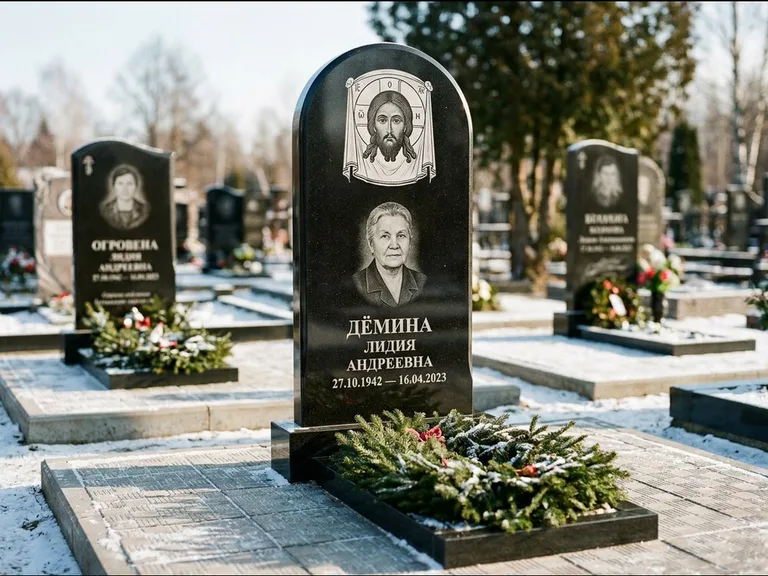 Памятник с гравировкой иконы — икона Спаса Вседержителя над именем усопшего, работа «Ковалёв» в Нижневартовске