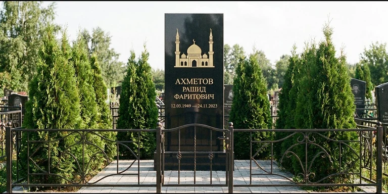 Гравировка мечети на памятник в Нижневартовске — стела из чёрного гранита, оформление по канонам ислама