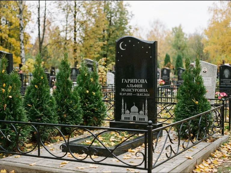 Мусульманский памятник с гравировкой мечети — мечеть с луной в ночном небе, работа «Гарипова» в Нижневартовске