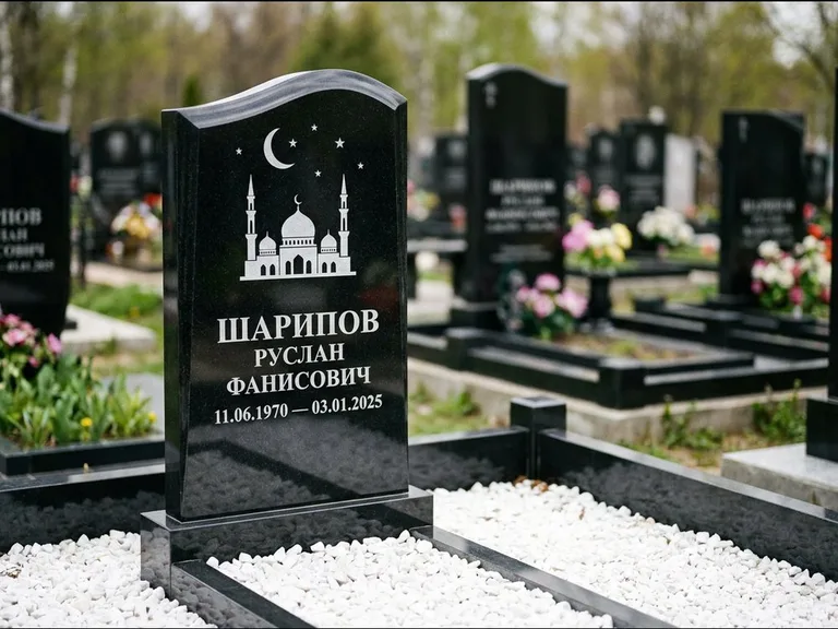 Мусульманский памятник с гравировкой мечети: стела с волнообразным скошенным верхом — гравировка мечети под полумесяцем и звёздами, белая мраморная крошка с бордюром, работа «Шарипов» в Нижневартовске
