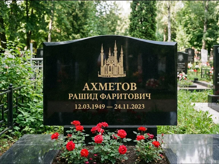 Мусульманский памятник с гравировкой мечети: широкая двойная семейная стела — золочёная гравировка мечети, цветник с красными розами, работа «Ахметов» в Нижневартовске