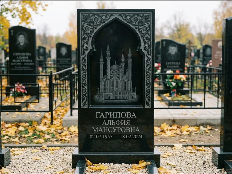Мусульманский памятник с гравировкой мечети: фигурная стела с михраб-нишей — гравировка мечети в михраб-арке с орнаментом, светлая гравийная отсыпка, работа «Гарипова» в Нижневартовске