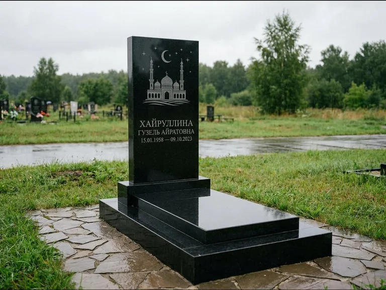 Мусульманский памятник с гравировкой мечети: ступенчатая двухуровневая стела — гравировка мечети под полумесяцем и звёздами, каменная дорожка из плитняка, работа «Хайруллина» в Нижневартовске