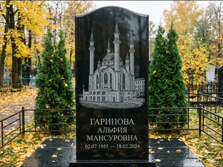 Мусульманский памятник с гравировкой мечети — мечеть Кул-Шариф на обороте стелы, работа «Гарипова» в Нижневартовске