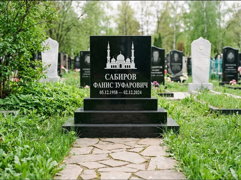 Мусульманский памятник с гравировкой мечети: ступенчатая трёхуровневая стела — золочёная гравировка мечети, дорожка из природного плитняка, работа «Юсупов» в Нижневартовске
