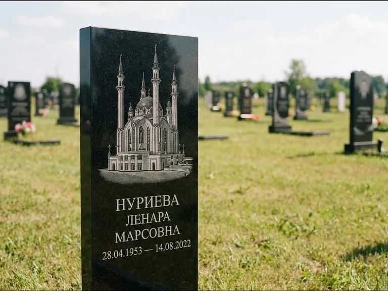 Мусульманский памятник с гравировкой мечети: узкая вертикальная стела-пилон — гравировка мечети в михраб-арке с орнаментом, открытая лужайка без ограды, работа «Хайруллина» в Нижневартовске