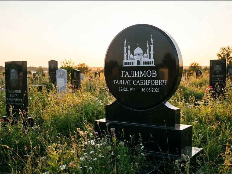 Мусульманский памятник с гравировкой мечети: округлая стела-медальон на тумбе — гравировка мечети в михраб-арке с орнаментом, луговые травы и полевые цветы, работа «Каримов» в Нижневартовске