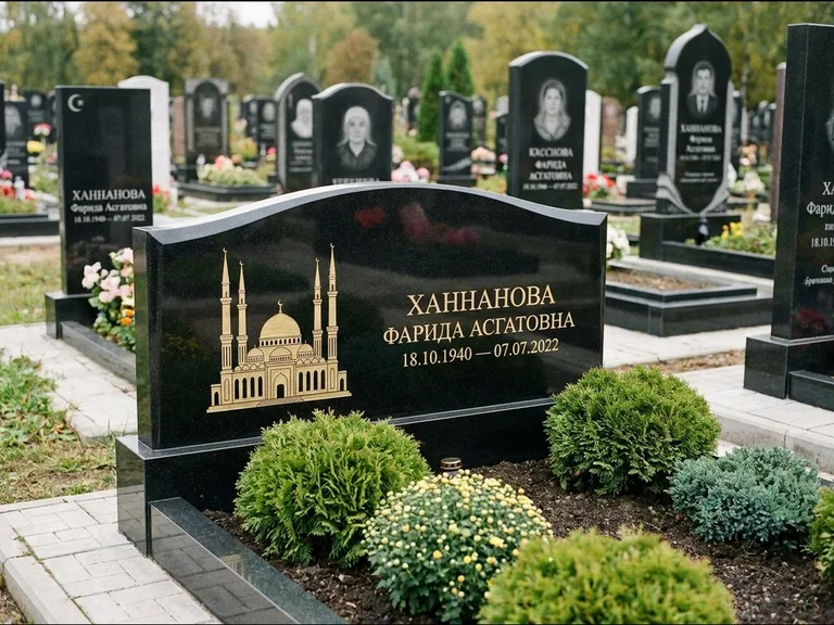 Мусульманский памятник с гравировкой мечети: вытянутая горизонтальная семейная стела с аркой — белая гравировка силуэта мечети с минаретами, участок с декоративными кустами, работа «Гарипова» в Нижневартовске