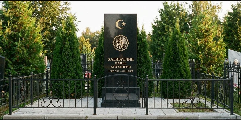 Гравировка на мусульманском памятнике в Нижневартовске — стела из чёрного гранита, оформление по канонам ислама