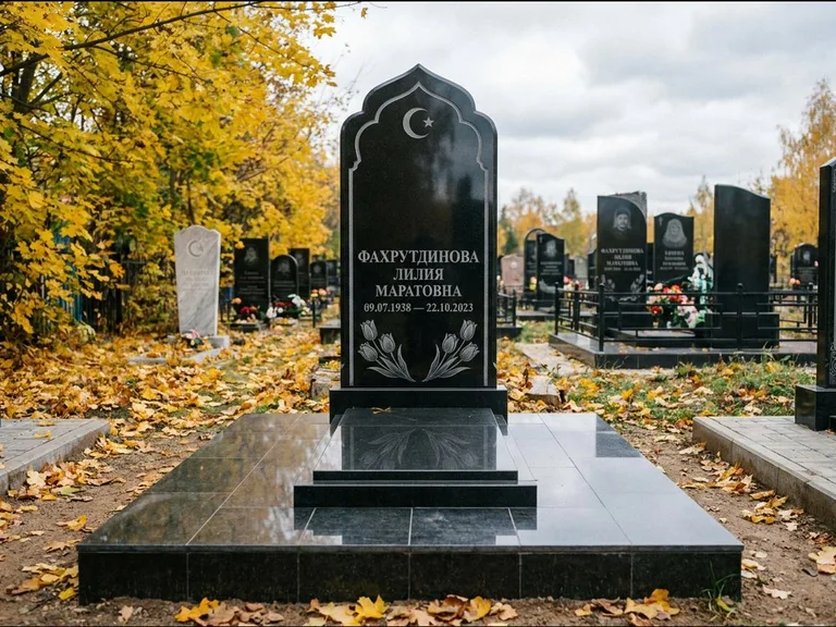 Мусульманский памятник: стела с михраб-навершием в форме арки — гравировка минарета с полумесяцем, гранитный цоколь с тёмной плиткой, работа «Фахрутдинова» в Нижневартовске