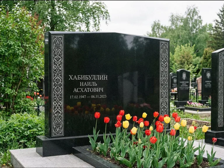 Мусульманский памятник: широкая двойная семейная стела — золочёная гравировка мечети, цветник с тюльпанами, работа «Хабибуллин» в Нижневартовске