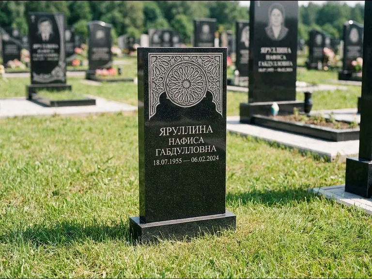 Мусульманский памятник: небольшая скромная невысокая стела — золочёная гравировка мечети, аккуратный участок с газоном, работа «Фахрутдинова» в Нижневартовске