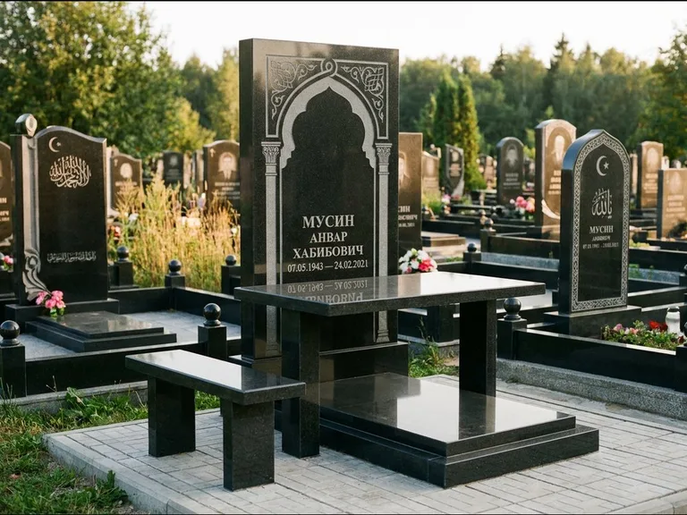 Мусульманский памятник: стела с гранитным столиком и скамьёй — гравировка мечети под полумесяцем и звёздами, семейный участок с плиткой, работа «Гимаев» в Нижневартовске