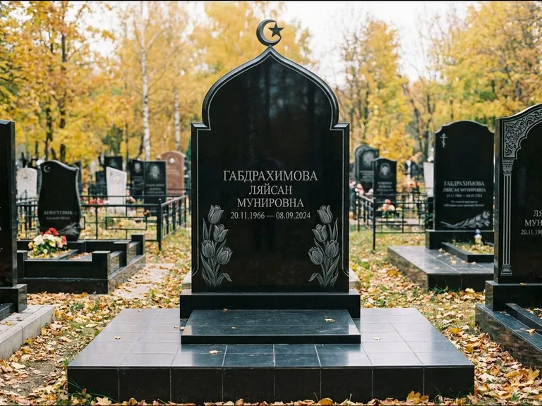Мусульманский памятник: массивная стела с михраб-навершием — белая гравировка силуэта мечети с минаретами, цоколь тёмной плиткой, работа «Магомедова» в Нижневартовске