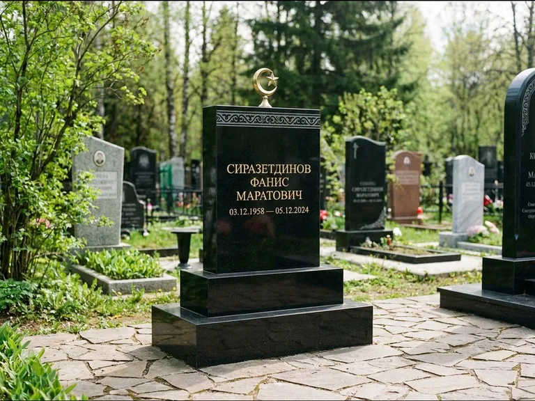 Мусульманский памятник: ступенчатая трёхуровневая стела — золочёная гравировка мечети, дорожка из природного плитняка, работа «Мустафин» в Нижневартовске