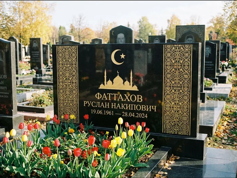 Мусульманский памятник: широкая панорамная стела с золочёным орнаментом — гравировка минарета с полумесяцем, цветник с тюльпанами, работа «Сулейманов» в Нижневартовске