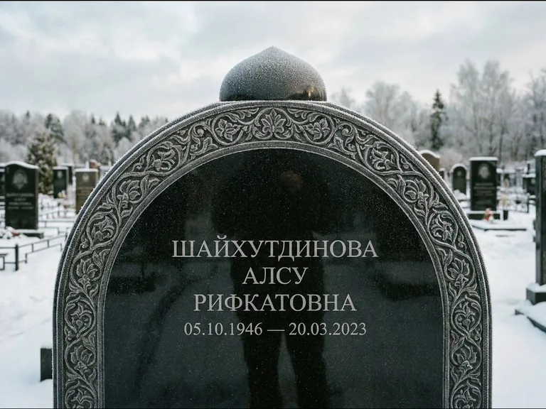 Мусульманский памятник: полукруглая стела с купольным навершием — гравировка мечети под полумесяцем и звёздами, заснеженный зимний участок, работа «Ганиева» в Нижневартовске
