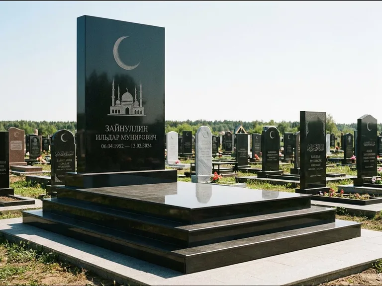 Мусульманский памятник: массивная стела на ступенчатом постаменте — гравировка мечети под полумесяцем и звёздами, гранитная площадка без ограды, работа «Хабибуллин» в Нижневартовске