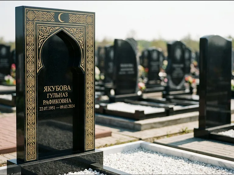 Мусульманский памятник: стела в форме михраба с глубокой нишей и золочёным орнаментом — детализированная гравировка мечети Кул-Шариф, участок с белой мраморной крошкой, работа «Мустафин» в Нижневартовске