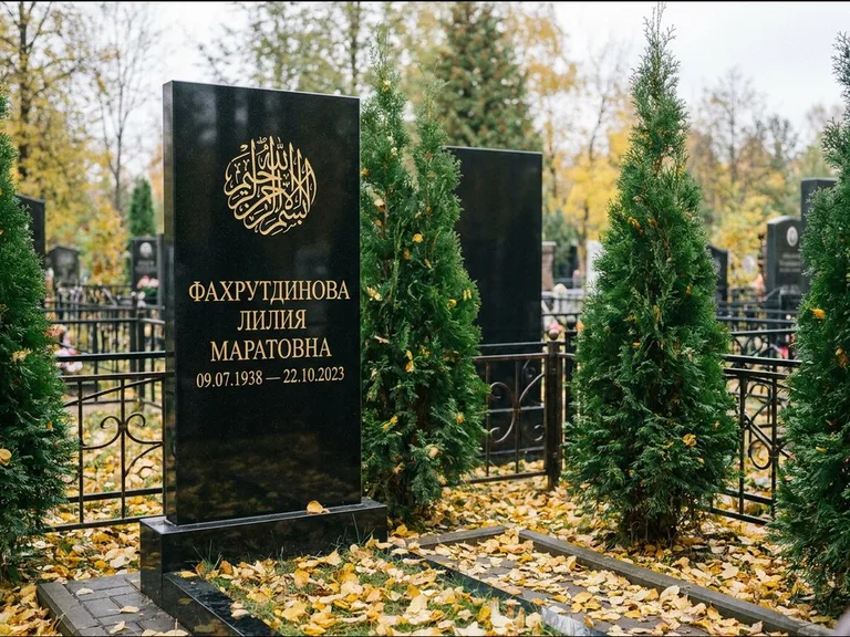 Мусульманский памятник — шахада в верхней части стелы, работа «Фахрутдинова» в Нижневартовске