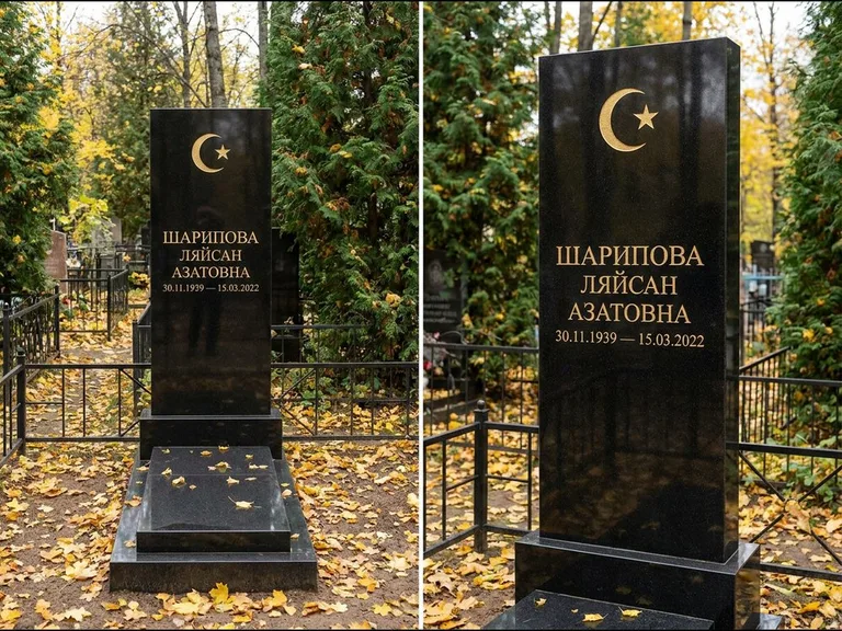 Памятник с гравировкой полумесяца — золочёная гравировка полумесяца со звездой в верхней части с, работа «Шарипова» в Нижневартовске